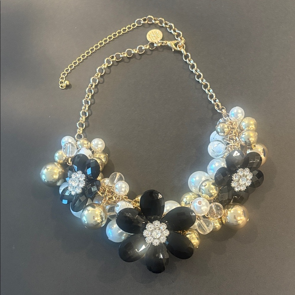 WHBM Gold Pearl & Black Flower Statement Necklace